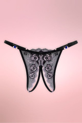 black lace crotchless panty. Actual product photo of the open crotch underwear.