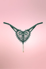 Teal Embroidered Heart Pearl Crotchless Thong