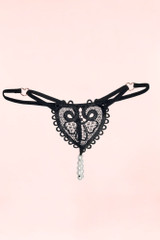 Black  Embroidered Heart Pearl Crotchless Thong