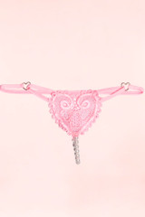 Pink Heart Embroidered Lace Pearl Crotchless Thong.