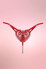 retro Heart Embroidered Red Lace Crotchless Pearl Thong