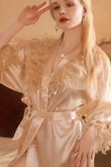 Plus Size Lingerie Lola Pink Feather Satin Robe Kimono