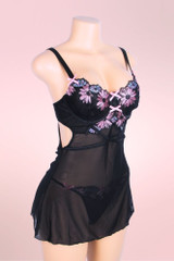 Lingerie Aurora Sexy Mesh Embroidered Push up Black Nightdress actual product picture on a mannequin quarter side view 