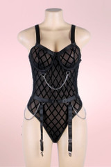 plus size black mesh chain garter bodysuit lingerie Seraphine   actual product picture on a mannequin front view 