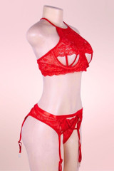 plus size Lingerie Felicia Red Cupless Bra and Panty set with Garter Belt  actual product picture on a mannequin quarter side view 