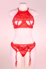Lingerie Felicia Red Cupless Bra and Panty set with Garter Belt  actual product picture on a mannequin front view 