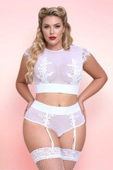 Plus Size Bridal White Sheer Top and High Waist Garter Lingerie Set.