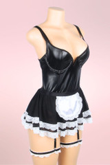 French Maid Costume Lingerie Connie in Plunging Vinyl Bodysuit Style with Suspenders and Thigh Garters actual product picture on a mannequin quarter side view 