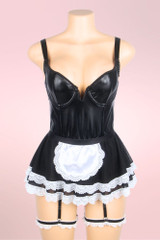 French Maid Costume Lingerie Connie in Plunging Vinyl Bodysuit Style with Suspenders and Thigh Garters  actual product picture on a mannequin front view 