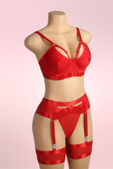 Thalee Red Bra criss cross front garter belt and mesh sheer thong with garter waist actual product picture on a mannequin quarter side view 