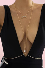 Moon Gold tone with Rhinestone Choker to Waist Faux Crystal Chain Body Jewelry