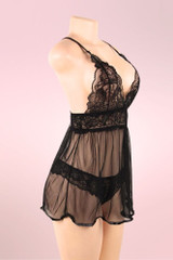 sexy black lingerie with halter lace cups and plunging neckline, empire waist cut babydoll lingerie nightie style actual product picture on a mannequin quarter side view 
