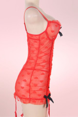 Amora Valentine's Day Lingerie Red Heart Garter Lingerie Dress with Suspenders and Black Satin Bow Accents actual product picture on a mannequin side view 