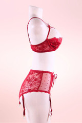 Gemma Red Lace Shelf Cupless Bra and High Waisted Panty with Suspenders actual product picture on a mannequin  side view 