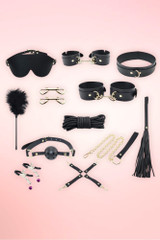 13 piece bondage kit for beginners in gold tone hardware top view