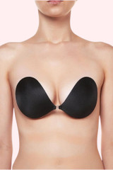 Black Sticky Invisible Lightweight Cotton Adhesive Bra  worn by a model front view 