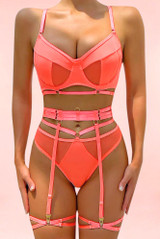 Olenna Peach Bra and Panty Set with Garter Belt Lingerie