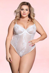 White Striped plus size Teddy Bodysuit Lingerie  worn by a model front view 