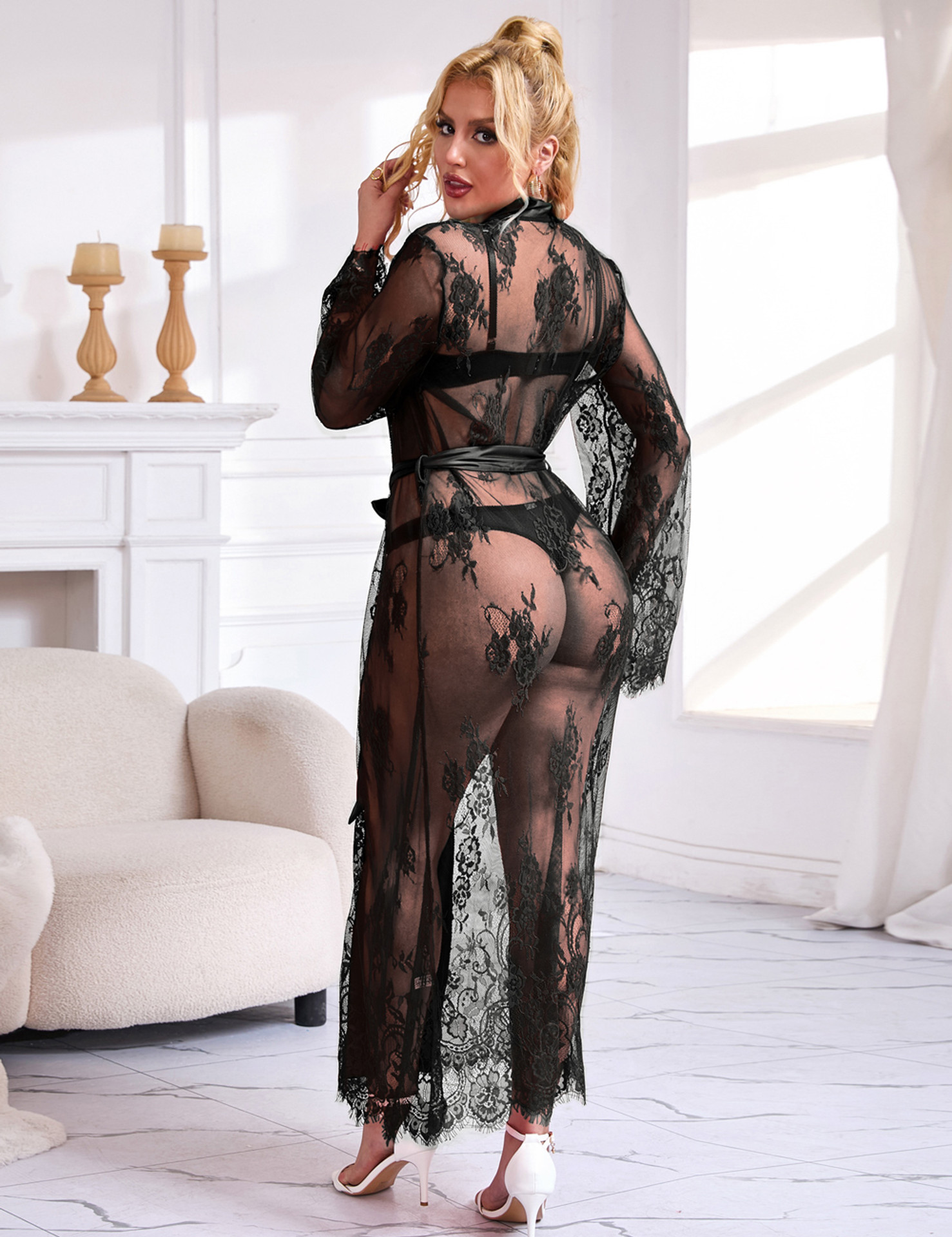 Orla Black Lace Long Robe