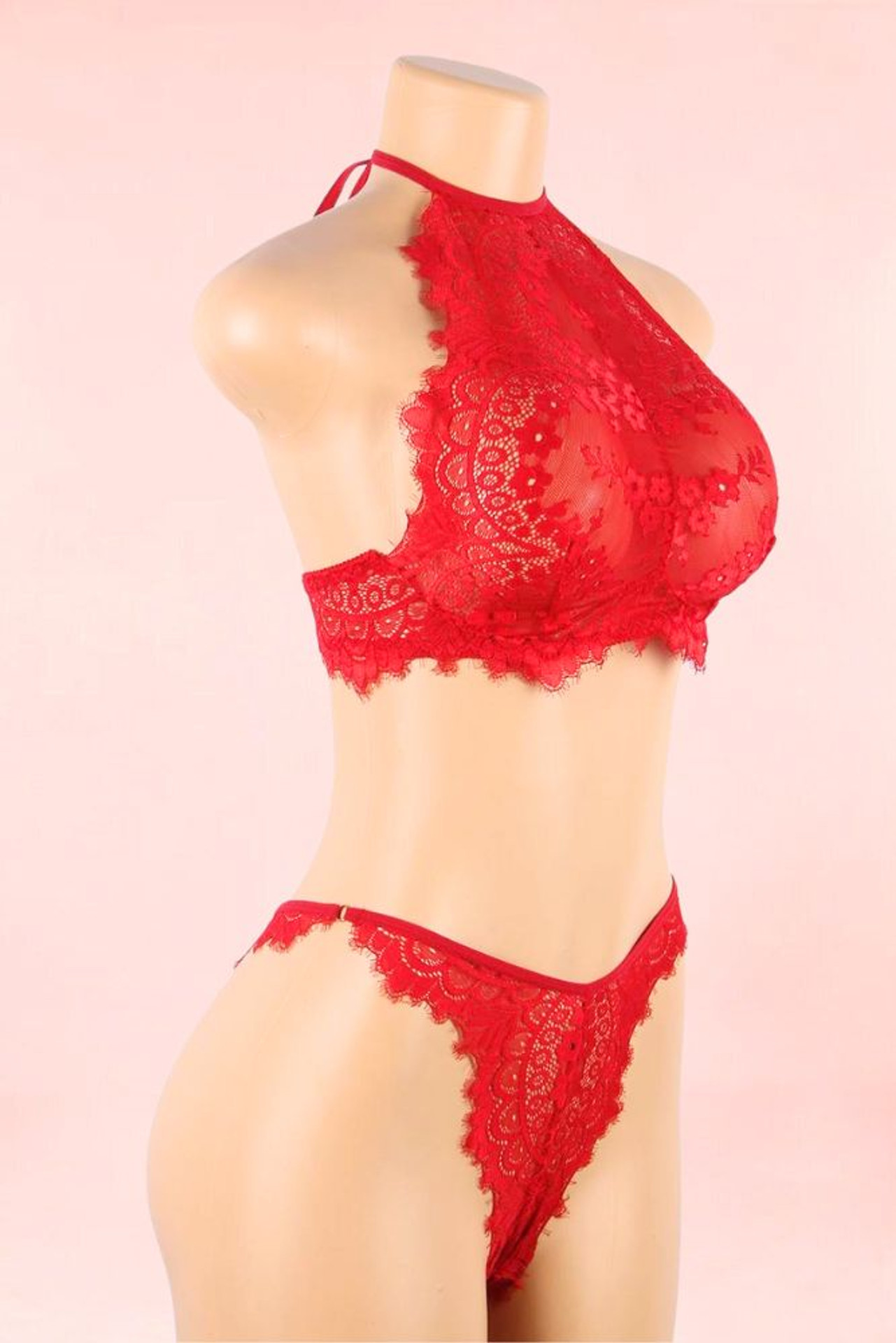 Carmi Red Lace Halter Bralette Lingerie Set