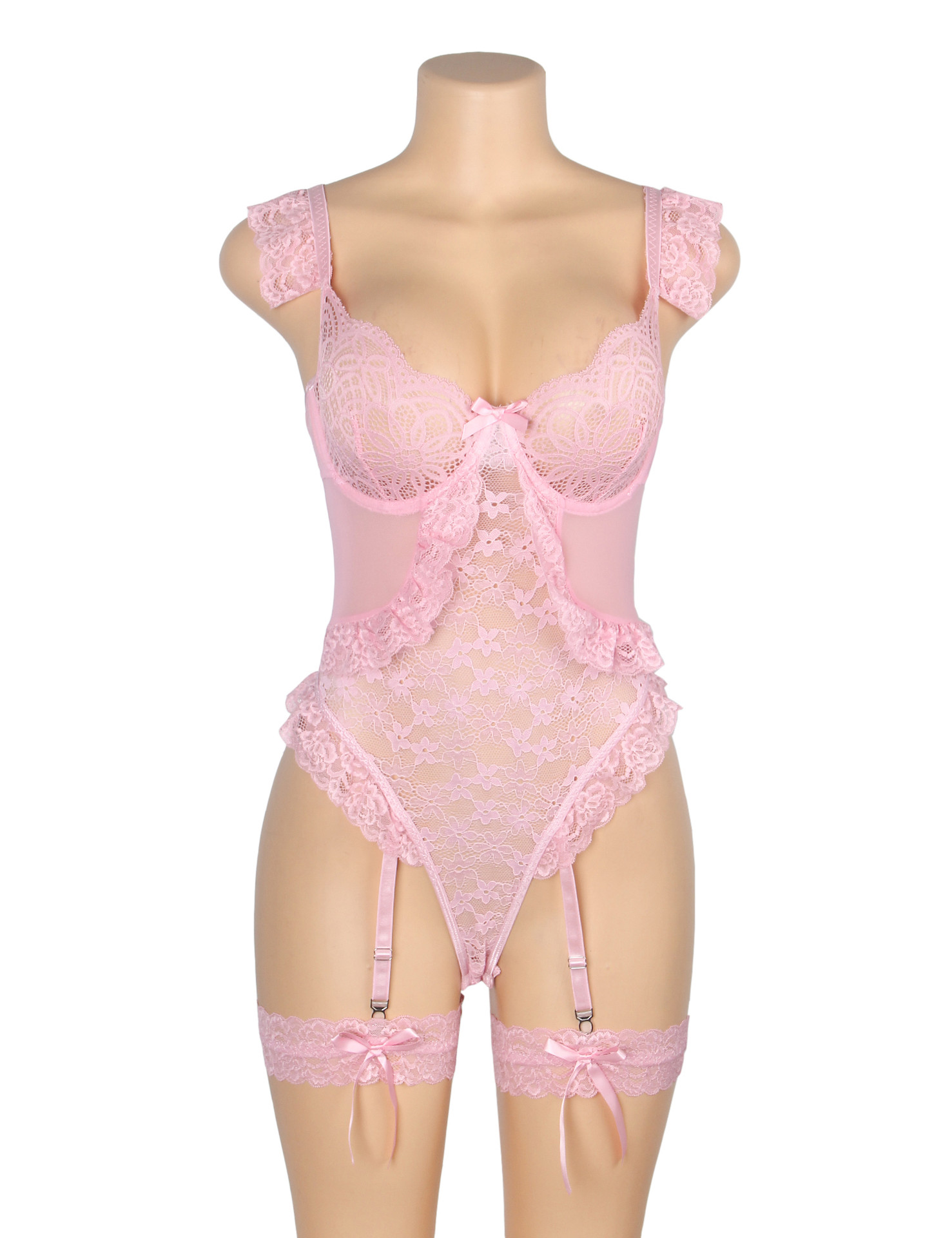 Judy Plus Size Pink Lace Garter Teddy Bodysuit