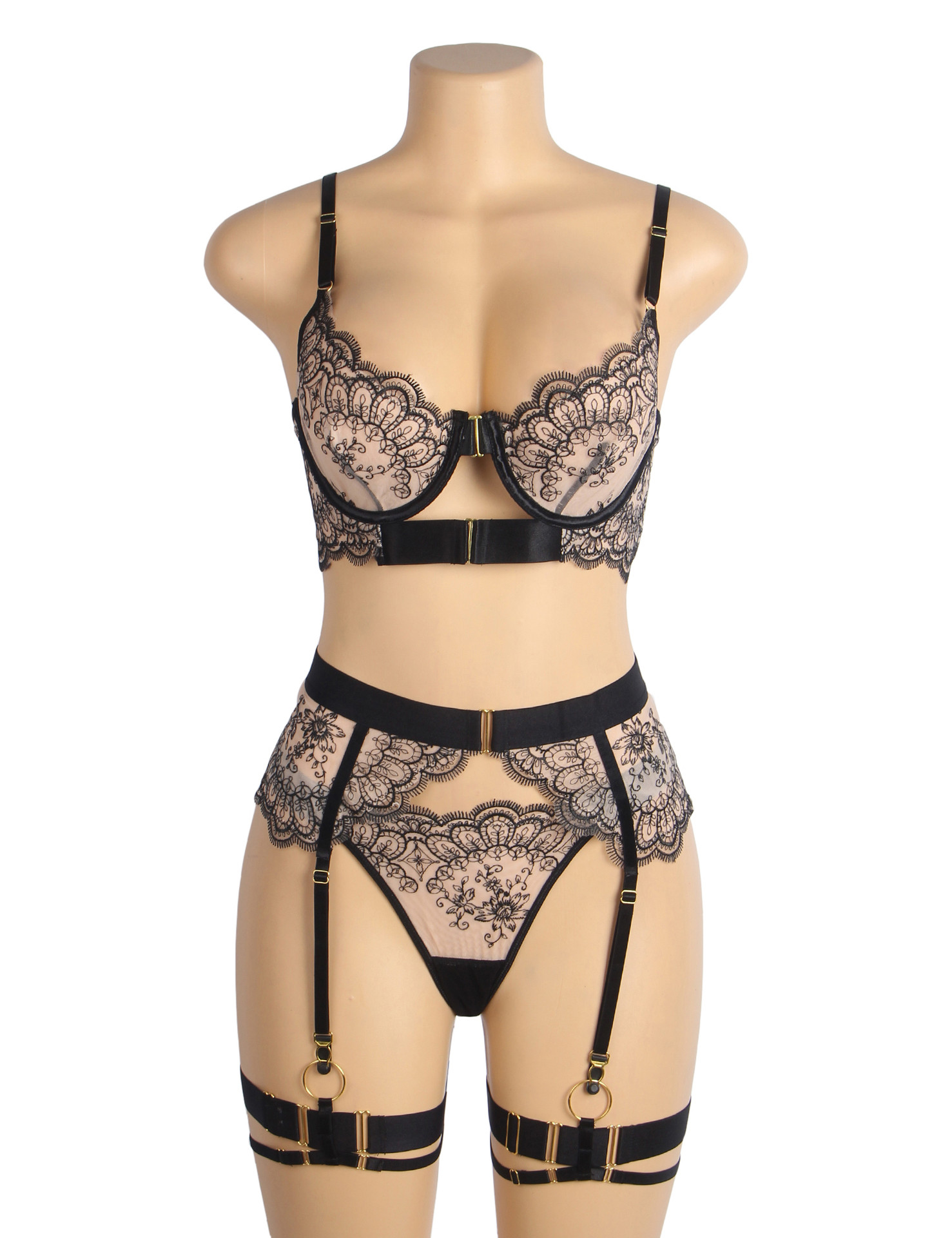 Yvonne Plus Size Beige Black Bra Garter Belt Lingerie Set