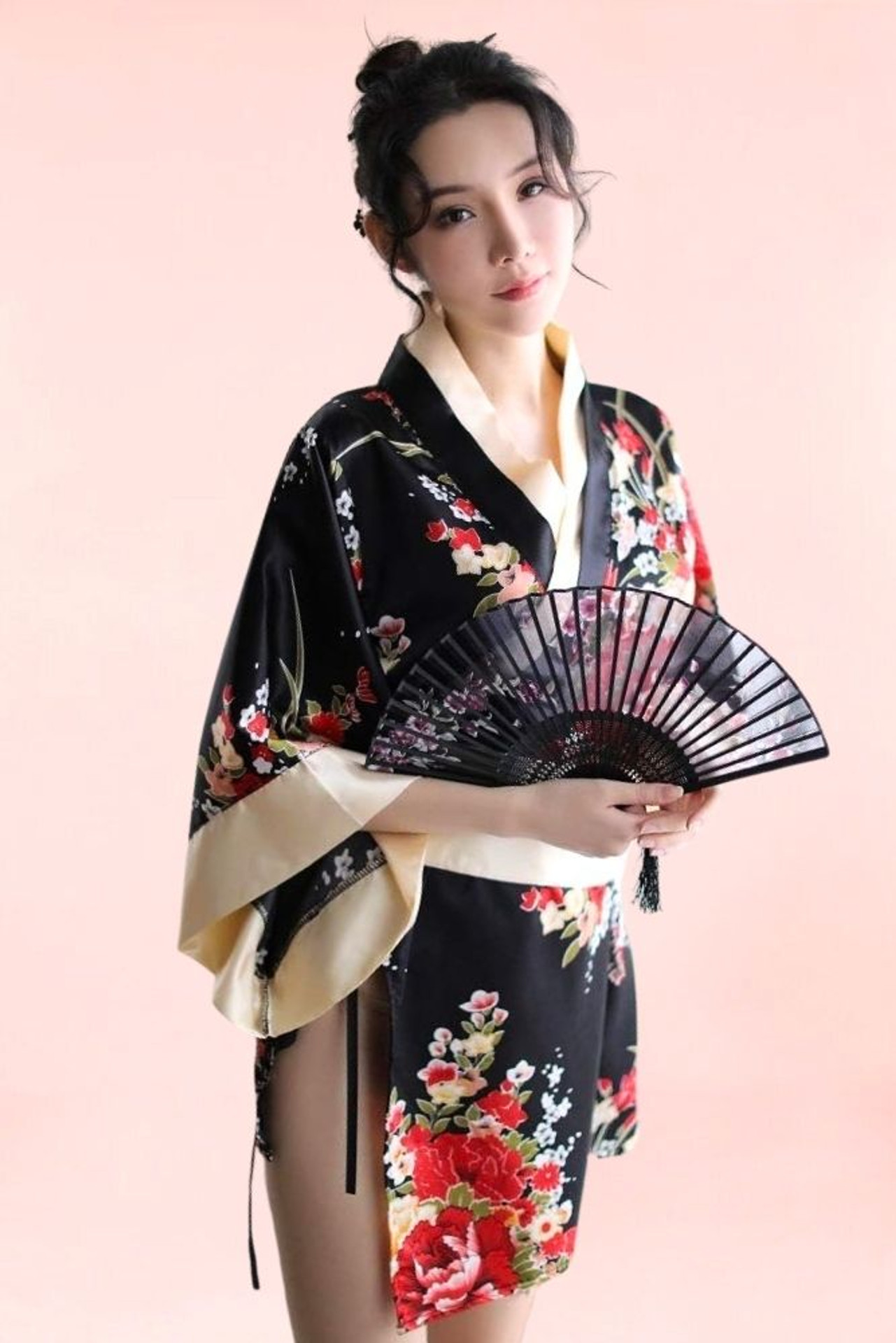 Aiko Black Satin Japanese Kimono Robe Lingerie