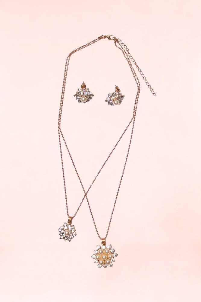 Faux pearl Stud Double Necklace Earrings Jewelry Set.