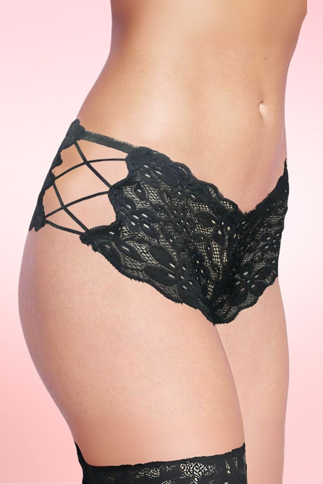lace cheeky panty with criss cross side straps.