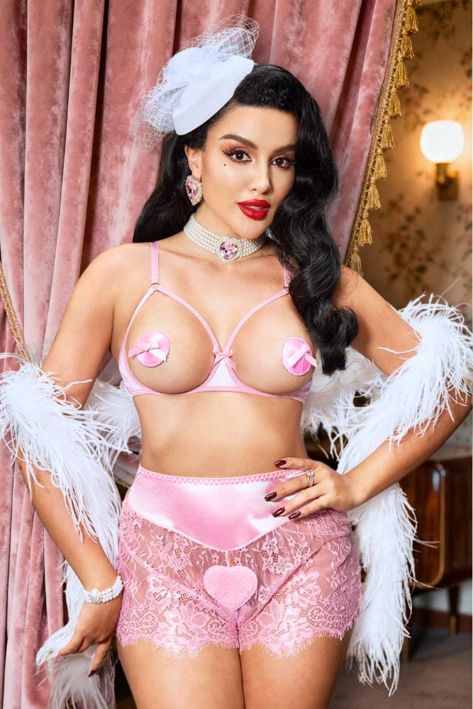 Louvelle Star Pink Cupless Bra Lace Short Retro Lingerie set
