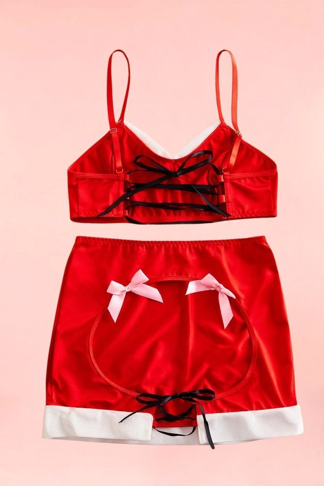 Santa Bae Christmas Bra and Open Back Skirt Set