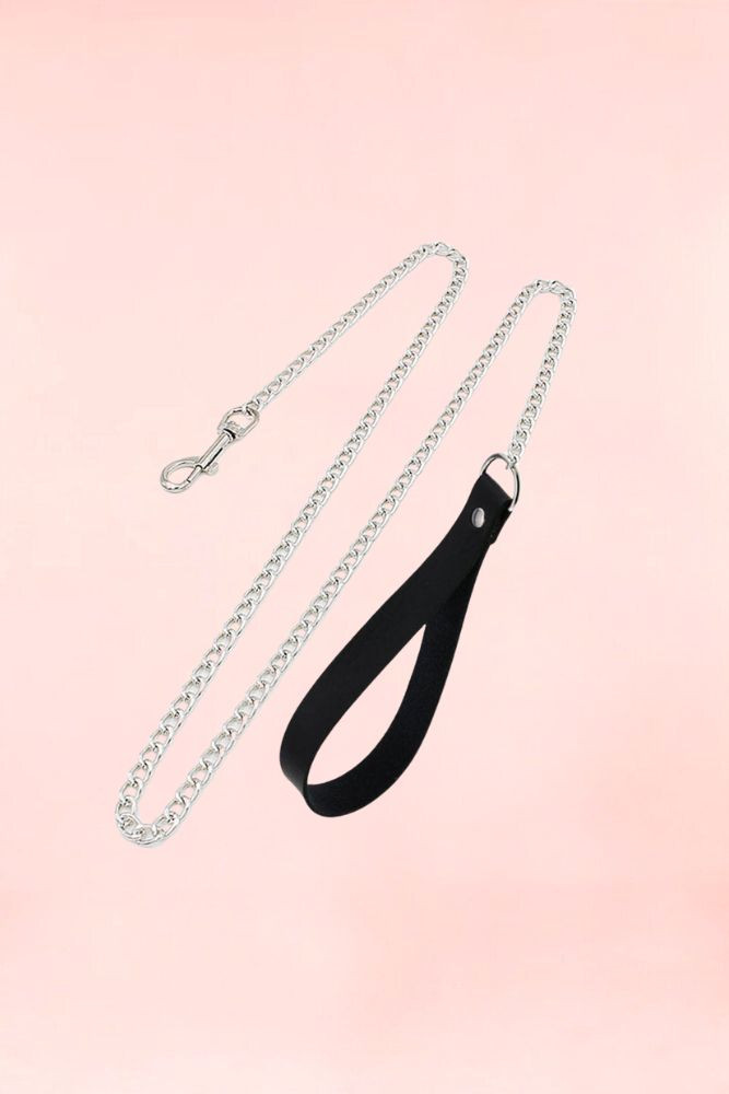 Silver Chain Leash with Faux Leather Black Handle.