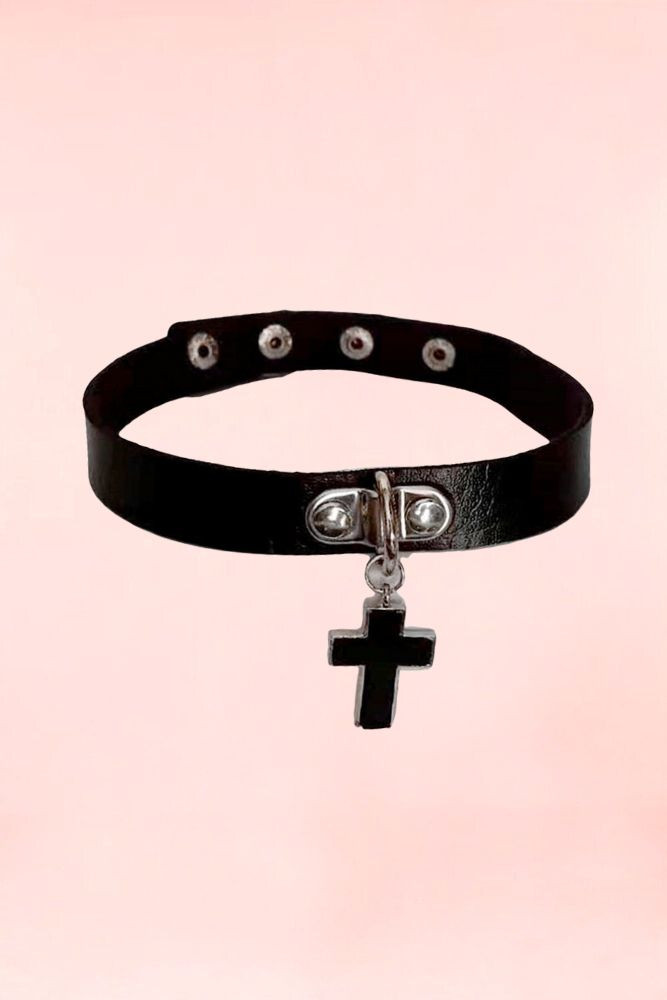 Black Pleather Choker Dangling Cross.