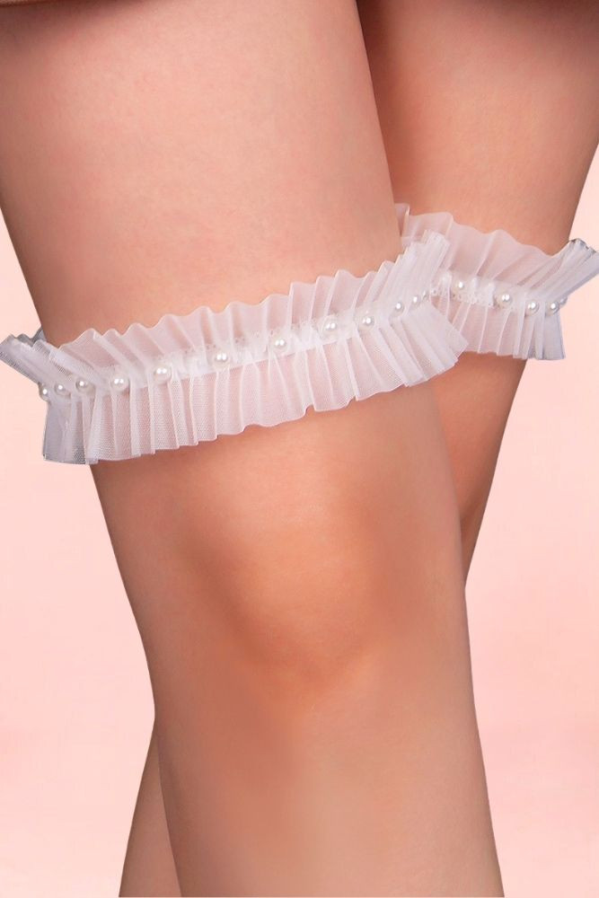 White Pearl Tulle Bridal Thigh Garter