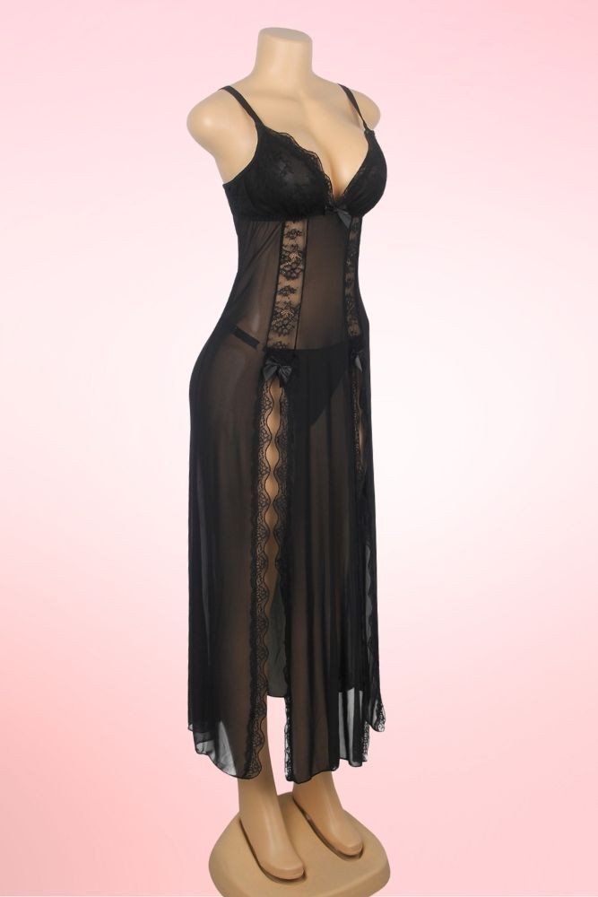 Stella Black Slit Long Nightgown