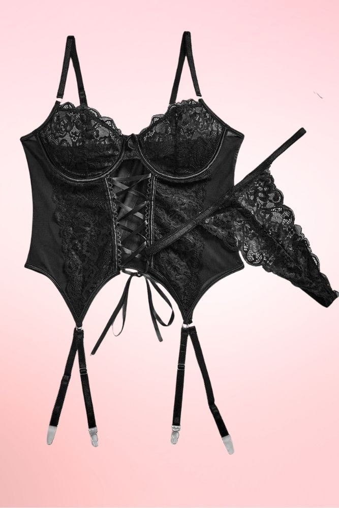 black lace corset with garter.