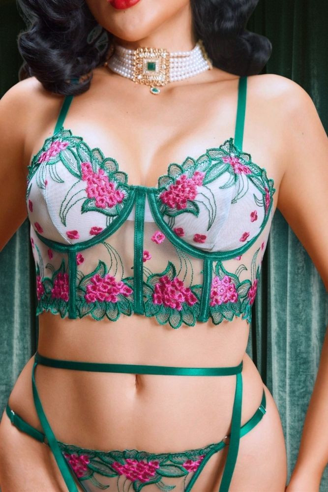 Kitty Belle Green Lace Long Line Corset with Thigh Garters