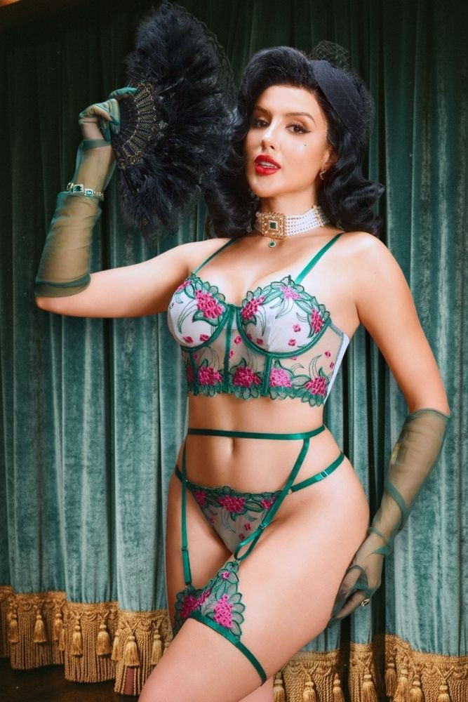 Kitty Belle Green Lace Long Line Corset with Thigh Garters