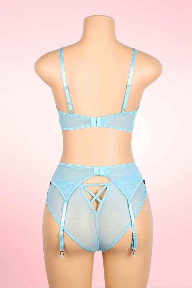 Regina Blue Bra Garter Sheer Floral Lingerie Set