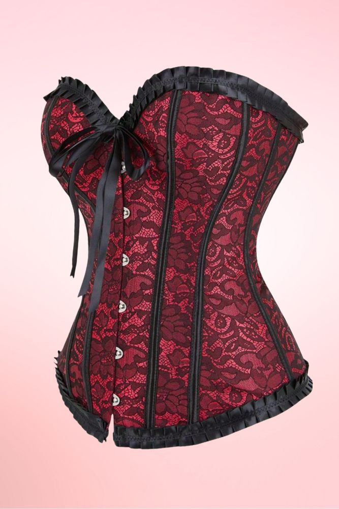 Victorian Red Corset Top Pleated Ribbon Trim