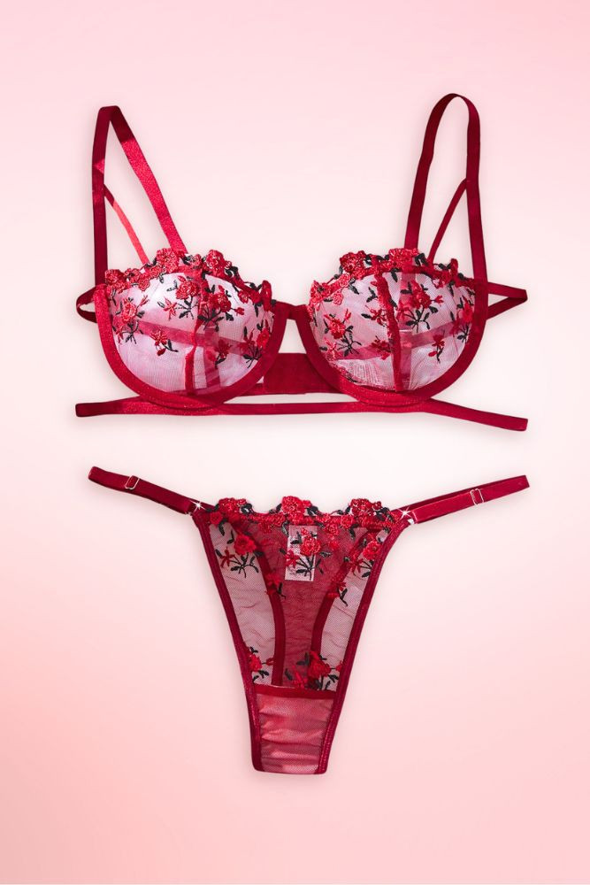 red floral bra and panty set.