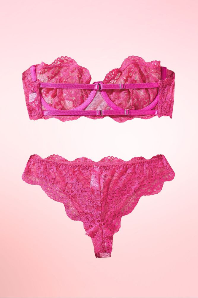 Fuchsia Pink  strapless lace lingerie set.