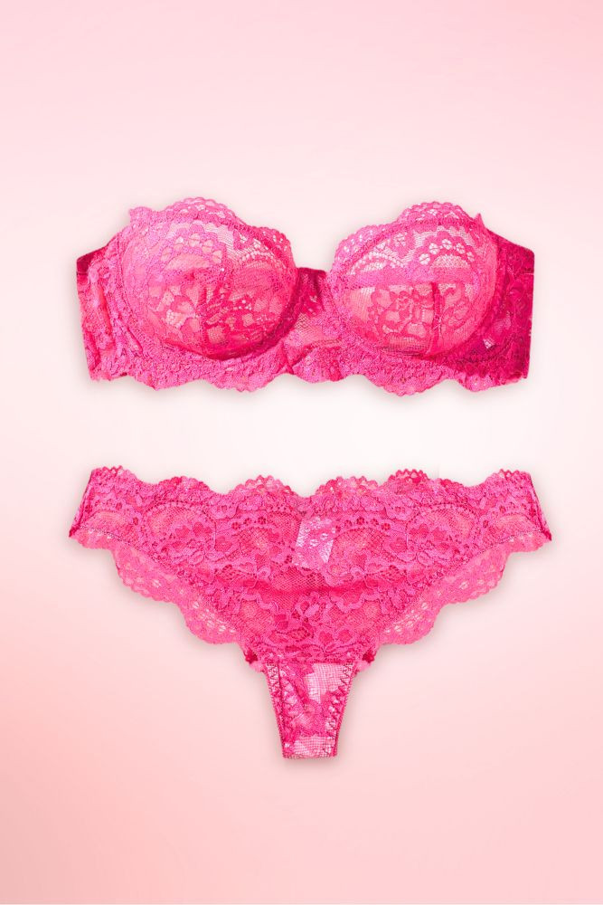 Fuchsia Pink Lace strapless bra and panty set.