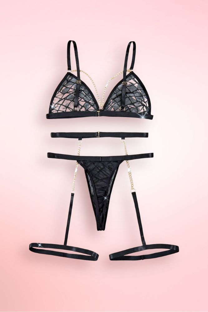 Arabella Black Bra Chain Garter Lingerie Set