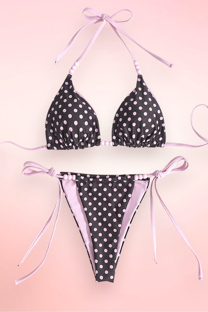 Montego Black Pink Polkadots Two Piece Swimsuit Tie Side