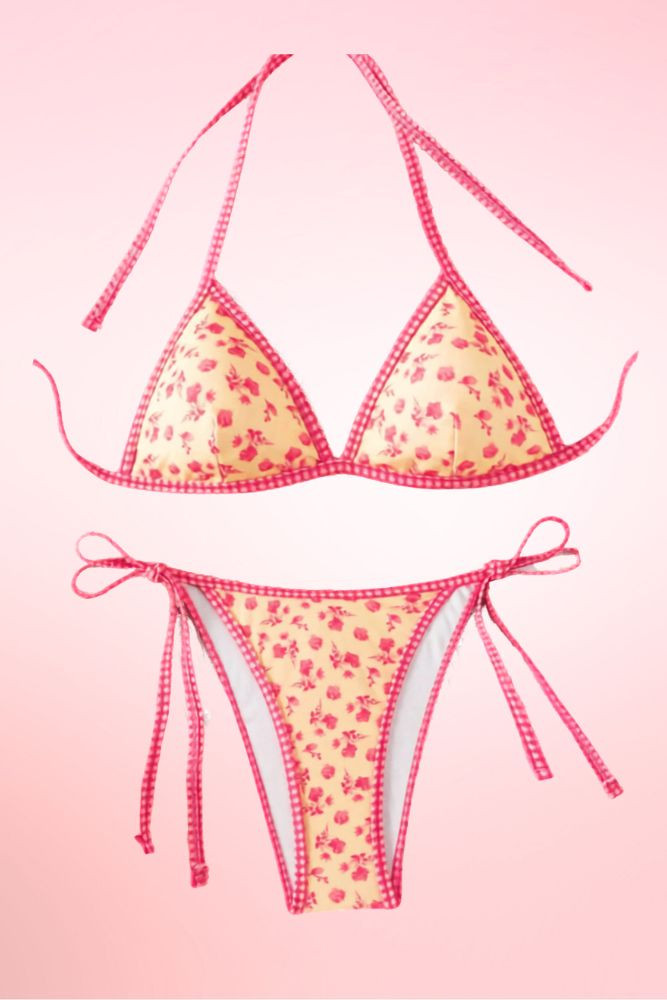 Floral Pastel Pink Yellow Two Piece Swimsuit.