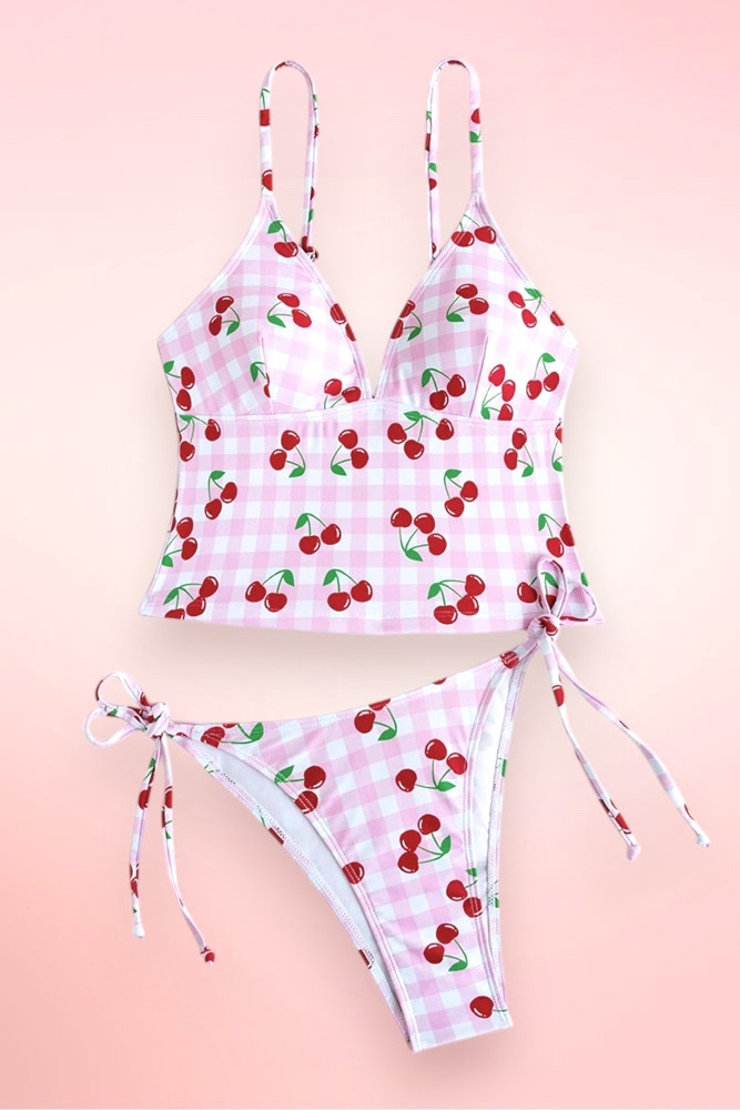 Varkala Cherry Pink Gingham Tankini Tie Side Bikini Two Piece Swimsuit