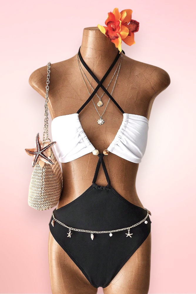 Hanalei White Black Halter One Piece Swimsuit