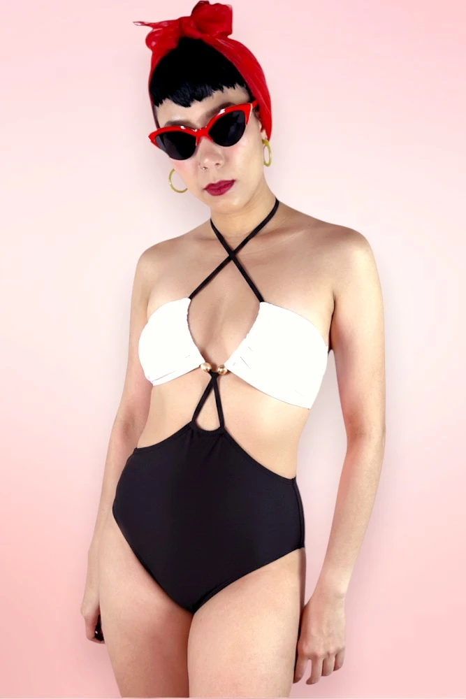 Hanalei White and Black Monokini One Piece Swimsuit.
