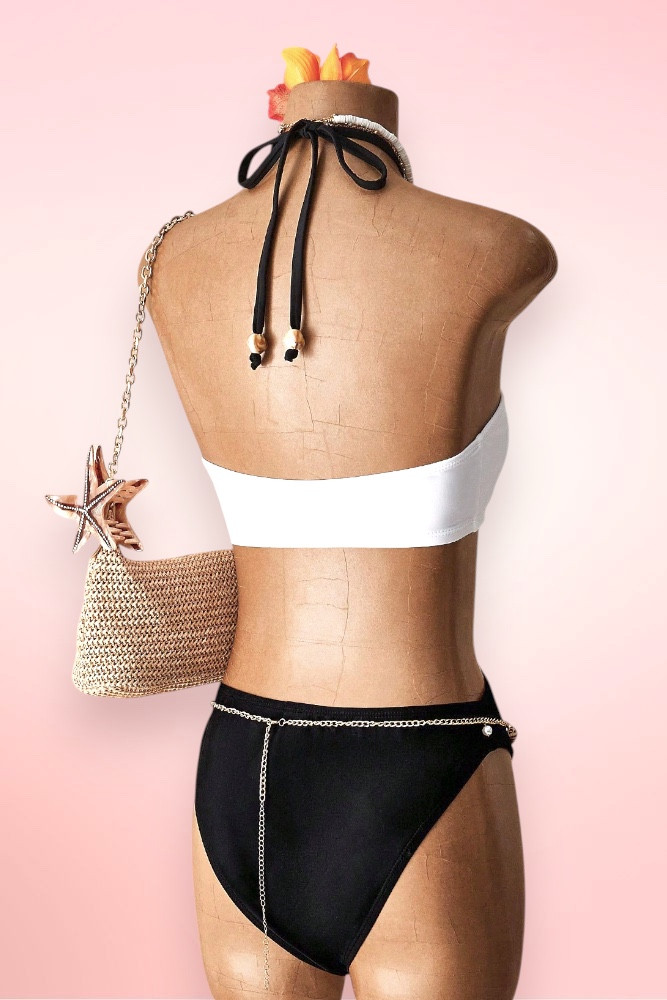 Hanalei White Black Halter One Piece Swimsuit